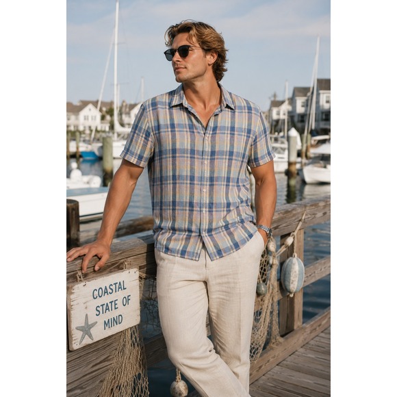 Izod Other - Preppy Plaid Coastal Nautical Izod Blue Plaid Short Sleeve Slim Fit 2XL Shirt